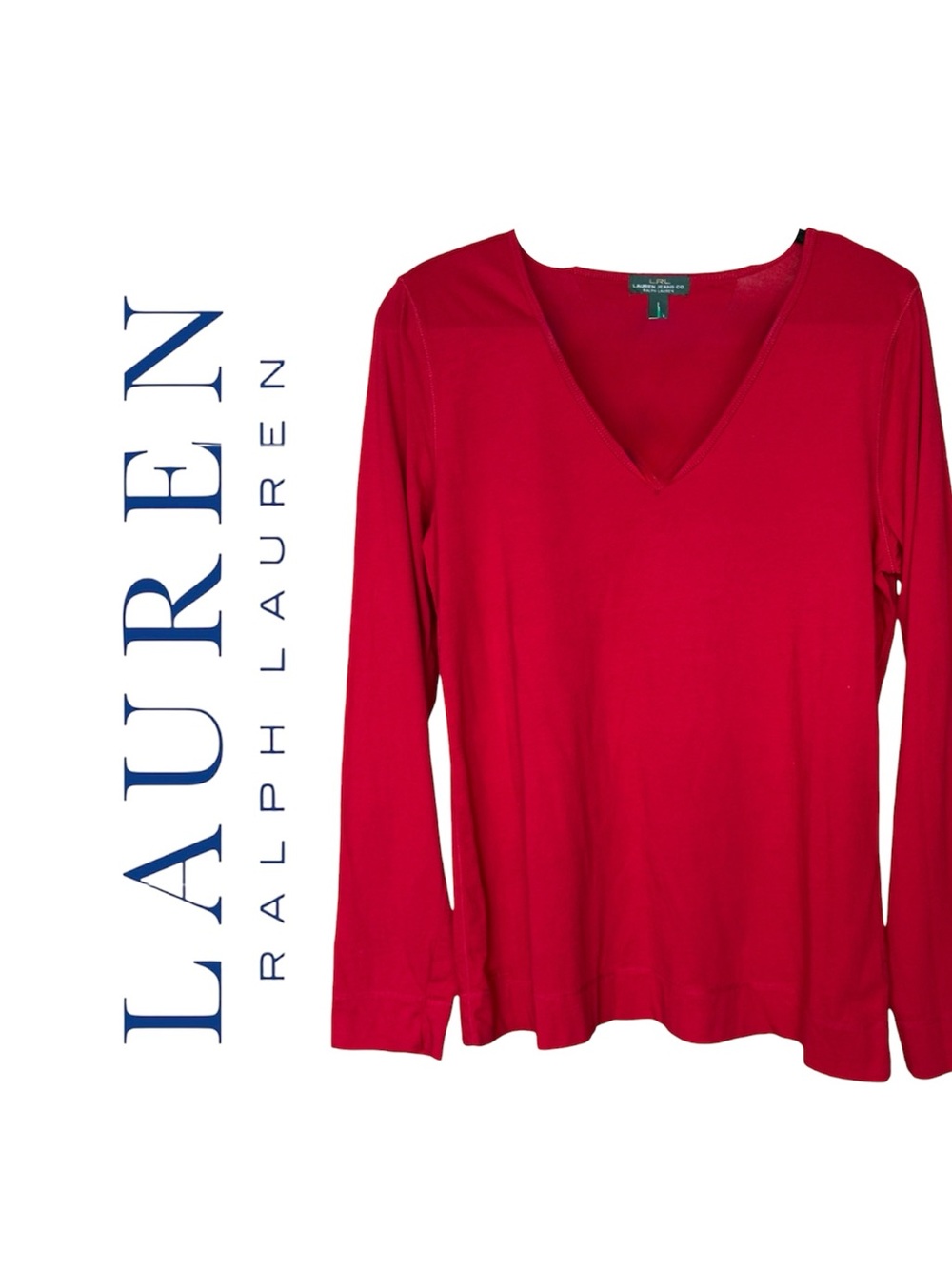 NWT Ralph Lauren Jeans Co Red V-Neck Long Sleeve Top Cotton Timeless Classic